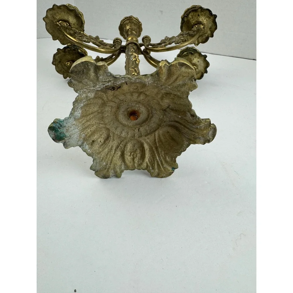 Vintage Ornate Brass 5 Arm Candelabra Ornate Floral Scrollwork Verdigris Patina